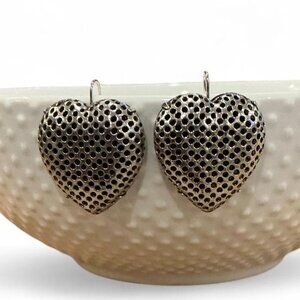 Textured silver tone heart dangle bubble pierced earrings perforated chunky